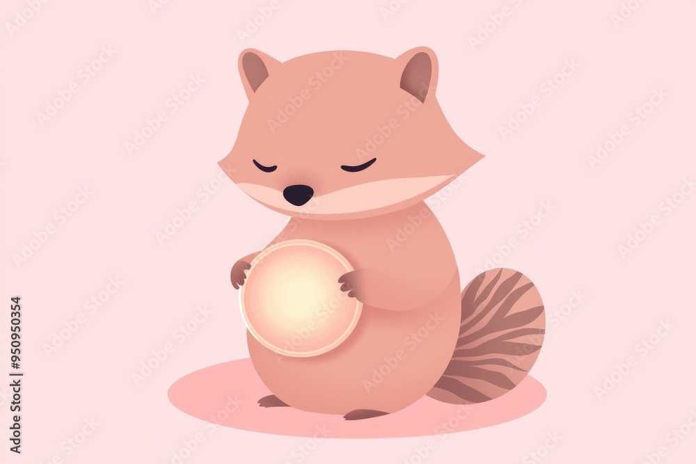 Poster cute raccoon holding a round object