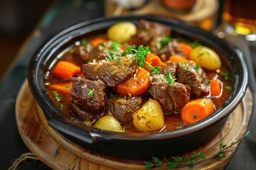 Beef stew with vegetables on plate on table