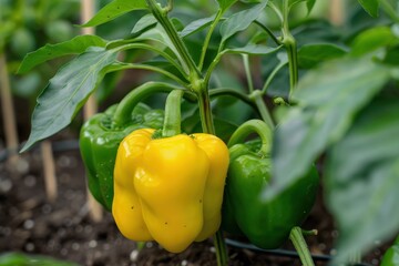 Bell peppers in a greenhouse with yellow and green colors