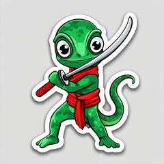 Obraz premium Cute Green Lizard Ninja Warrior with Sword