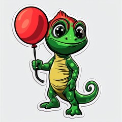 Obraz premium Cute Cartoon Green Lizard Holding a Red Balloon