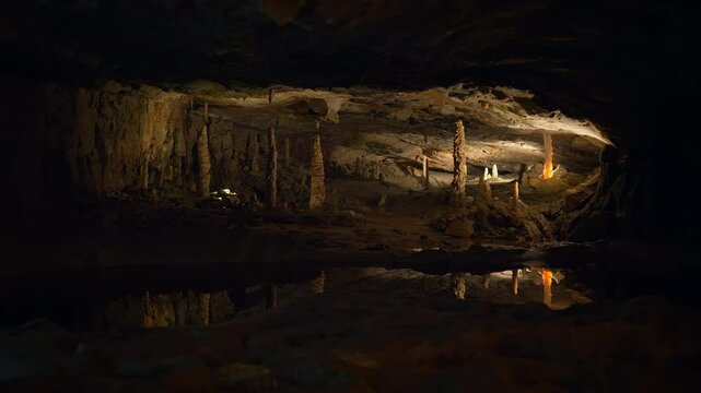 Illuminated Dark Rocky Stone Dripstone Caves Stalactite Background