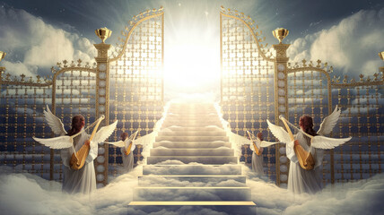 Stairway to heaven in glory with gates of Paradise, depicting a heavenly scene in Christian religious imagery