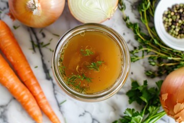 Bird s eye view of glass jar with bone broth containing vegetables