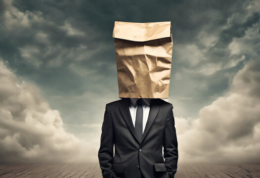 Business Person Awaiting Apocalypse with Paper Bag Head in Surrealist Style