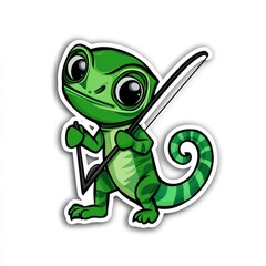 Obraz premium Cartoon Chameleon Holding Fishing Rod