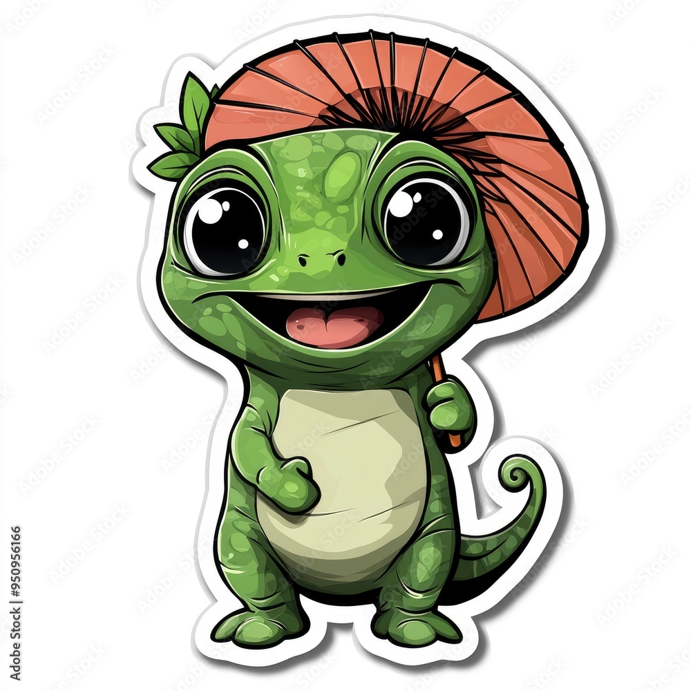 Sticker cute cartoon green lizard holding an umbrella