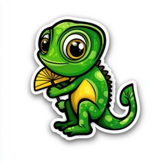Fototapeta premium Cute Cartoon Chameleon Holding a Fan