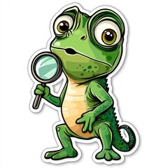 Obraz premium Cartoon Green Lizard Holding Magnifying Glass