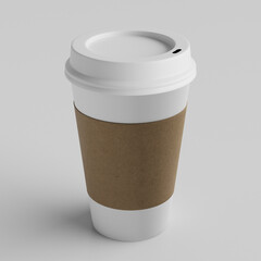 Single-use paper cup with cardboard holder around it, with white background