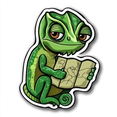 Fototapeta premium Cartoon Green Chameleon Reading a Map