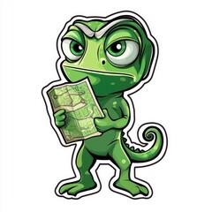 Obraz premium Cartoon Chameleon Holding a Map