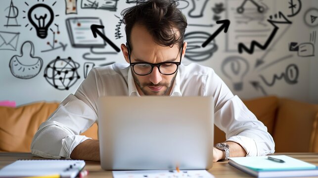 Serious businessman typing on laptop with arrows and icons doodle overlay, indicating multitasking with many side jobs. Business and multitasking concept