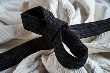 Black belt in martial arts with white gi in background