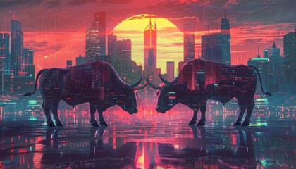 Neon-colored bulls and bears clashing against a city sunset backdrop, representing the volatility of financial markets, investment strategies, and the dynamic forces driving the global economy