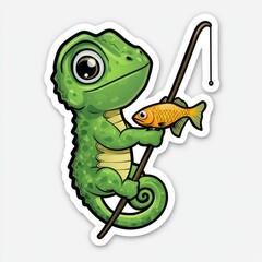 Obraz premium Cute Green Chameleon Holding a Fish on a Fishing Rod