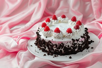 Black Forest Cake on white plate with pink fabric backdrop