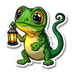 Fototapeta premium Cute Cartoon Lizard Holding Lantern Sticker