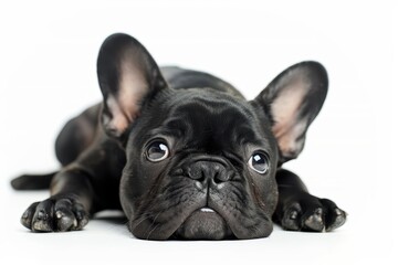 Black French bulldog puppy laying and gazing on a white surface