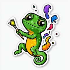 Obraz premium Cute Cartoon Lizard Artist Holding Paintbrush with Colorful Splashes Around It