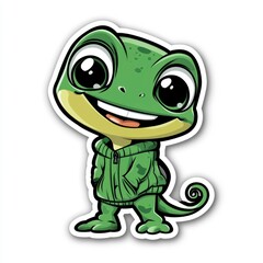 Obraz premium Cute Cartoon Green Chameleon Wearing a Green Hoodie Sticker