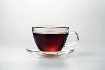Black tea in glass cup on white background