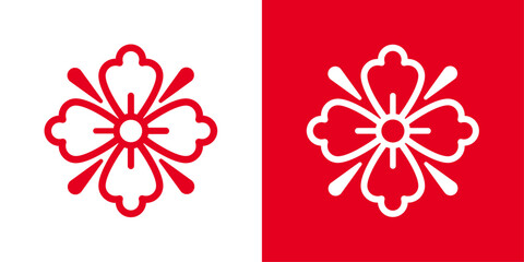 シンプルな和風の花の線画アイコン＿家紋風＿紅白