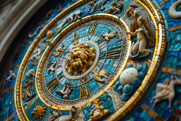  a close-up of a circular clock face. The clock face is made up of blue and gold tiles, with intricate designs and patterns. 