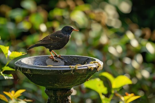 Blackbird bathing in garden bird bath