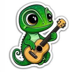 Obraz premium Cute Green Lizard Playing Guitar Cartoon Illustration