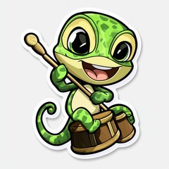 Obraz premium Cute Cartoon Green Lizard Playing Drums with a Stick