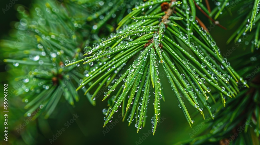 Poster close-up view of a pine tree with water droplets on the needles, great for use in nature or environm