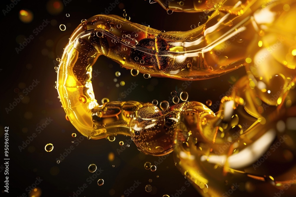 Poster close-up shot of liquid flowing out of a bottle, suitable for use in illustrations and designs where