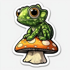 Obraz premium Cartoon Green Frog Sitting on a Mushroom