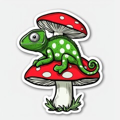Obraz premium Cartoon Chameleon Sitting on a Mushroom