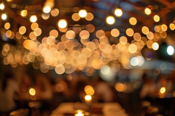 Blurred image of a nighttime festival in a restaurant with a happy and relaxing atmosphere and bokeh in the background