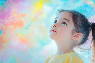 Fototapeta premium Young Girl Gazing Upwards Against a Colorful Background