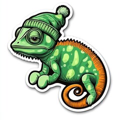 Fototapeta premium Chameleon Wearing a Winter Hat Cartoon Illustration