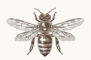 Vintage engraving illustration of a honey bee on a pristine white background, highlighting intricate details of its anatomy