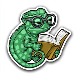 Obraz premium Chameleon Reading a Book with Glasses