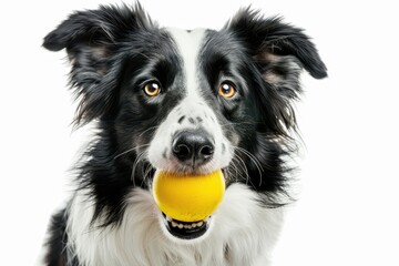 Fototapeta premium Border collie playing with yellow ball on white background