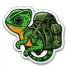 Obraz premium Cute Green Chameleon Hiking with Backpack