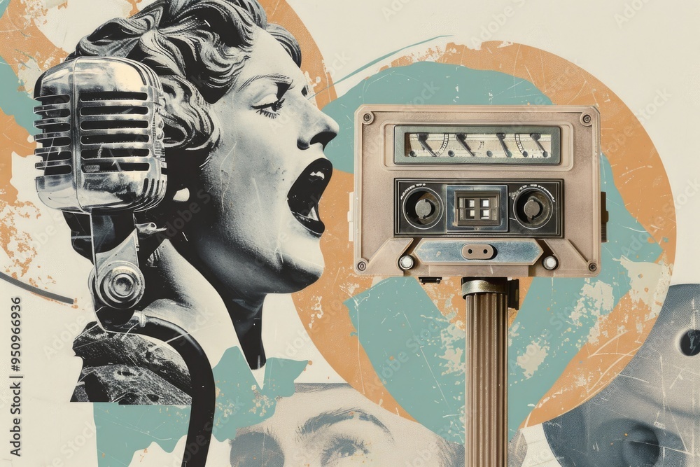 Poster a nostalgic scene of an old-fashioned radio performance with a woman singing into a microphone
