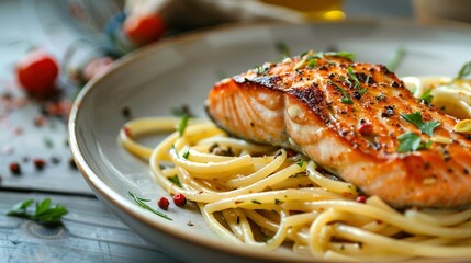 Fototapeta premium Close-up of Grilled Salmon with Spaghetti and Herbs on a Plate