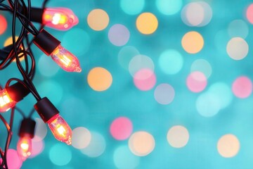 A closeup of twinkling Christmas lights with a blurred bokeh background, holiday lights, festive and warm