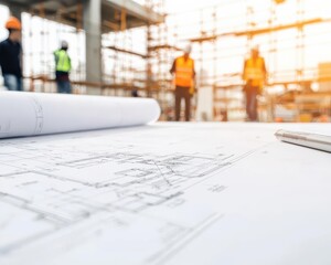 A closeup of construction blueprints with workers and scaffolding visible in the background, construction planning, project and execution