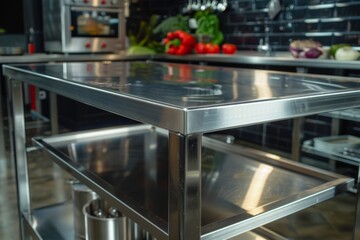 Professional kitchen design showcasing a metal table and catering equipment in a modern restaurant setting