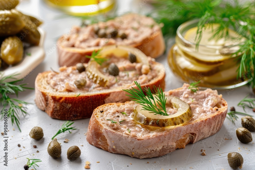 Wall mural Bread with pate capers and dill on table