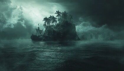 Mysterious Tropical Island Shrouded in Misty Darkness