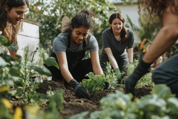 Neighbors come together for a community gardening event, planting vegetables in a vibrant neighborhood garden on a sunny day